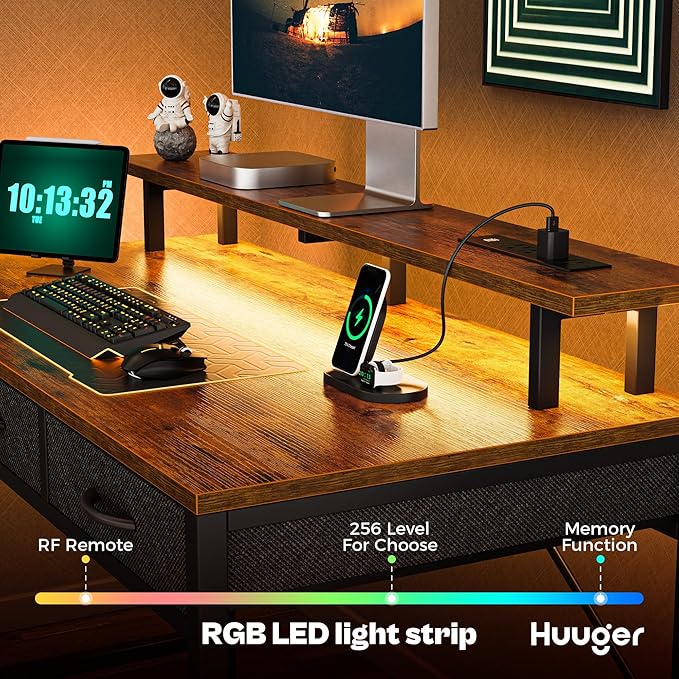 55 inch Computer Desk with 3 Drawers, Office Desk Gaming Desk with LED Lights & Power Outlets, Home Office Desks with Storage Space for Bedroom, Work from Home, Rustic Brown - LeafyLoom