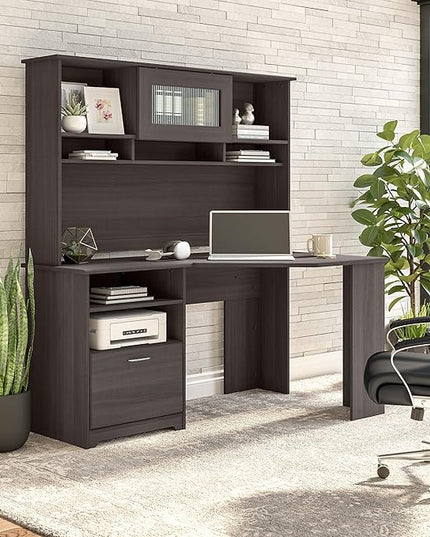 Bush Furniture Cabot 60W Corner Desk with Hutch in Heather Gray - LeafyLoom