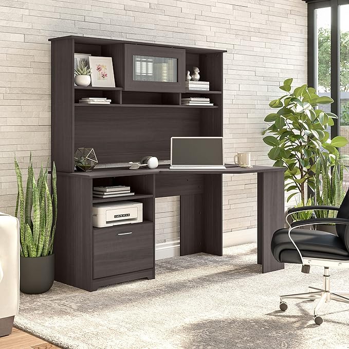 Bush Furniture Cabot 60W Corner Desk with Hutch in Heather Gray - LeafyLoom