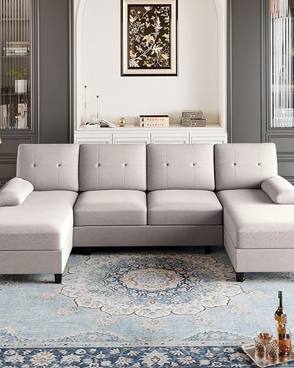 Shintenchi Sectional Couches for Living Room, U Shaped Sofa Couch with Double Chaise, 4-Seat Living Room Furniture Sets with Soft Cushion & Linen Fabric, Creamy White - LeafyLoom
