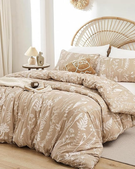 JANZAA 3pcs Taupe Comforter Set King Size Comforter Set,Soft Microfiber Bedding Plant Printed on Floral Comforter with 2 Pillow Cases for All Seasons(King) - LeafyLoom