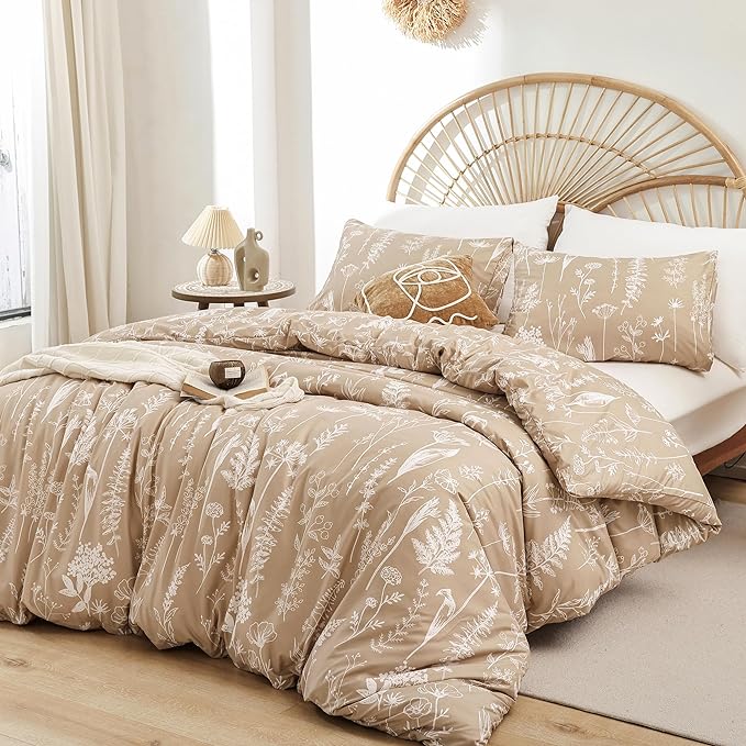 JANZAA 3pcs Taupe Comforter Set King Size Comforter Set,Soft Microfiber Bedding Plant Printed on Floral Comforter with 2 Pillow Cases for All Seasons(King) - LeafyLoom
