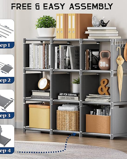Mavivegue Book Shelf, 9 Cube Storage Organizer, DIY Bookcase, Metal Cube Bookshelf, Tall Book case for Bedroom, Living Room, Office, Closet Storage Organizer, Grey Cubicle Storage Rack - LeafyLoom