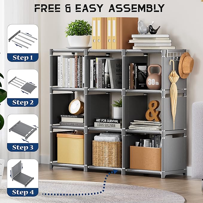 Mavivegue Book Shelf, 9 Cube Storage Organizer, DIY Bookcase, Metal Cube Bookshelf, Tall Book case for Bedroom, Living Room, Office, Closet Storage Organizer, Grey Cubicle Storage Rack - LeafyLoom