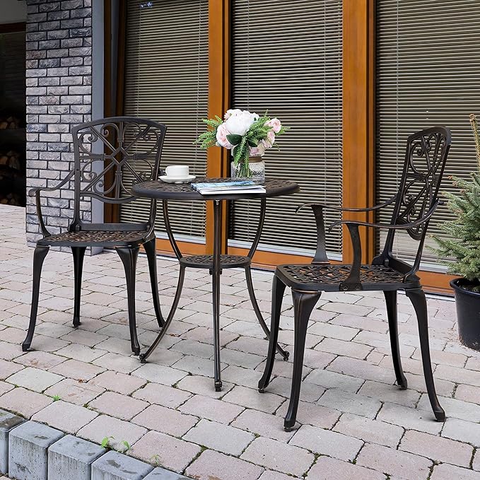 NUU GARDEN Bistro Set 3 Piece Outdoor All Weather Cast Aluminum Patio Bistro Set Patio Table and Chairs Set of 2 with Umbrella Hole for Backyard, Balcony, Front Porch, Lawn, Pool, Bronzer - LeafyLoom
