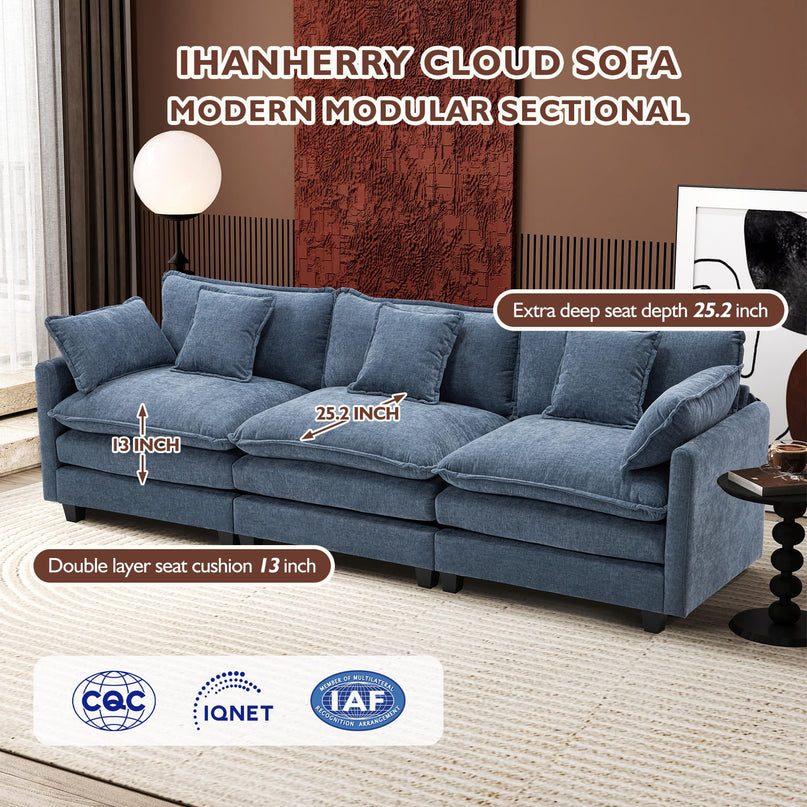 Ihanherry 111.4" L Shaped Modern Sofa Modular Sectional Cloud Couch with Ottoman, 4-Seat Chenille Deep Seat Sofa with Pillow for Living Room, Bedroom and Apartment, Beige LeafyLoom