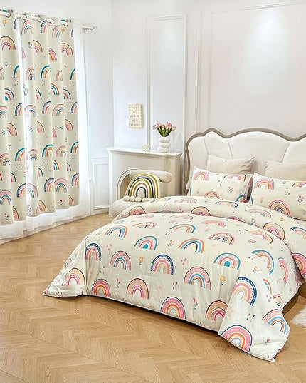 Btargot Lightweight Soft 3 Piece Rainbow Comforter Set with 2 Pillow Covers, Cartoon Love Hearts Flowers and Grass Bedding Set for Girls Boys Kids, Full Multi-Color - LeafyLoom