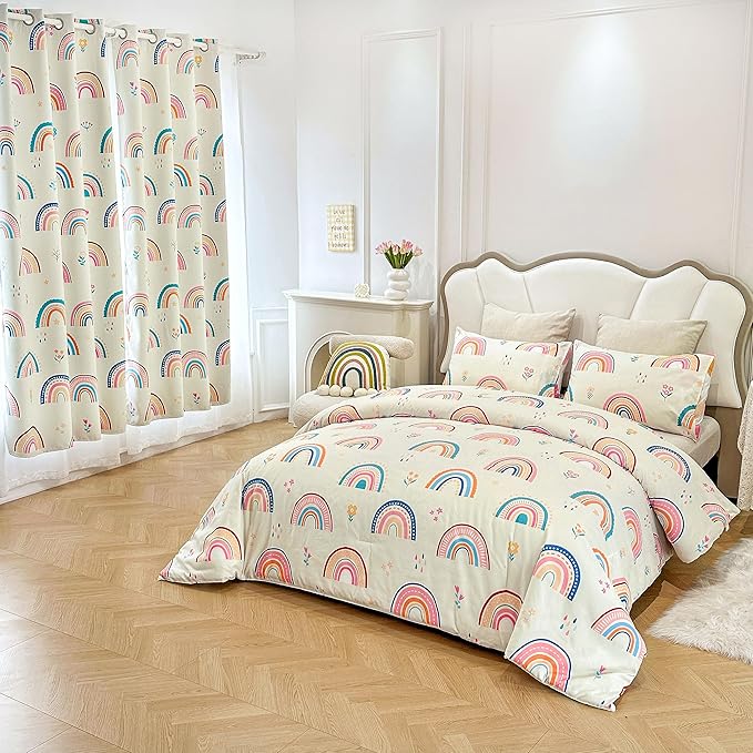 Btargot Lightweight Soft 3 Piece Rainbow Comforter Set with 2 Pillow Covers, Cartoon Love Hearts Flowers and Grass Bedding Set for Girls Boys Kids, Full Multi-Color - LeafyLoom