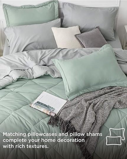 Bedsure Sage Green Full Comforter Set - 7 Pieces Reversible Bed Set Sage Green Bed in a Bag Full with Comforters, Sheets, Pillowcases & Shams, Full Bedding Sets - LeafyLoom