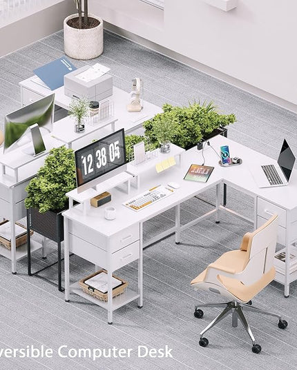 L Shaped Computer Desk with Power Outlets, 59 inch Reversible Home Office Desk with Storage Shelves & 2 Monitor Stands, Gaming Desk with 4 Fabric Drawers for Bedroom, White - LeafyLoom