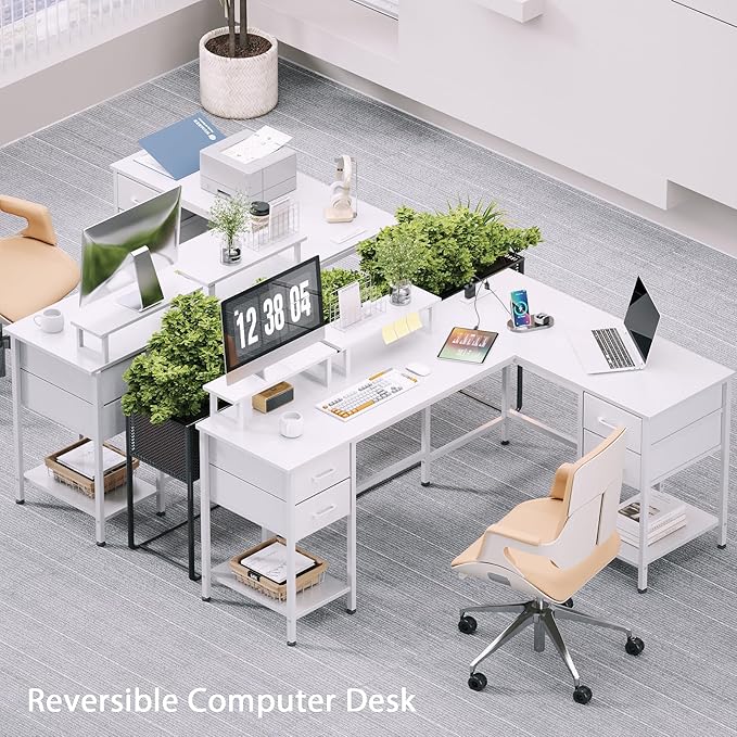 L Shaped Computer Desk with Power Outlets, 59 inch Reversible Home Office Desk with Storage Shelves & 2 Monitor Stands, Gaming Desk with 4 Fabric Drawers for Bedroom, White - LeafyLoom