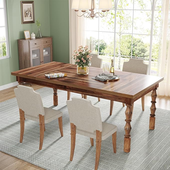 Tribesigns 62” Wood Dining Table for 4-6 People, Farmhouse Large Rectangle Kitchen Table, Dinner Table Kitchen & Dining Room Furniture with Carved Turned Legs - LeafyLoom