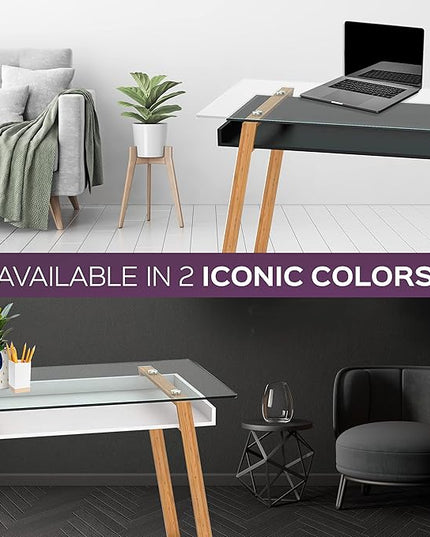 bonVIVO Massimo Small Desk - 43 Inch, Modern Computer Desk for Small Spaces, Living Room, Office and Bedroom - Study Table w/Glass Top and Shelf Space - Black - LeafyLoom