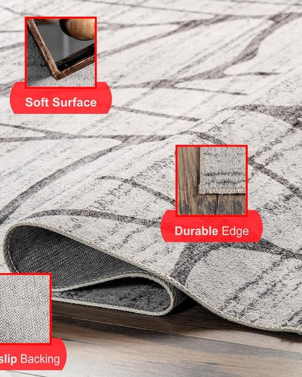 nuLOOM Lanette Abstract Leaves Machine Washable Ultra Thin Area Rug, 3' x 5', Light Grey - LeafyLoom