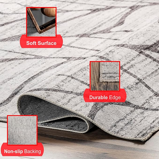 nuLOOM Lanette Abstract Leaves Machine Washable Ultra Thin Area Rug, 3' x 5', Light Grey - LeafyLoom