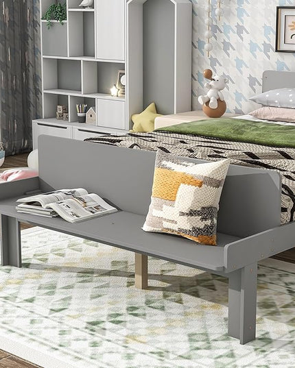 Full Bed with Footboard Bench, Full Kid Bed with Headboard, Wood Slat Support, Cute Kid Bed Frame with Book Storage Space, Full Car Bed for Boys Girls Bedroom, No Box Spring Needed, Grey - LeafyLoom