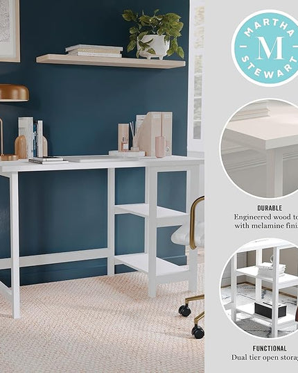 Martha Stewart Beckett Modern Trestle Desk with Open Side Shelving in White Wood Grain Finish - LeafyLoom