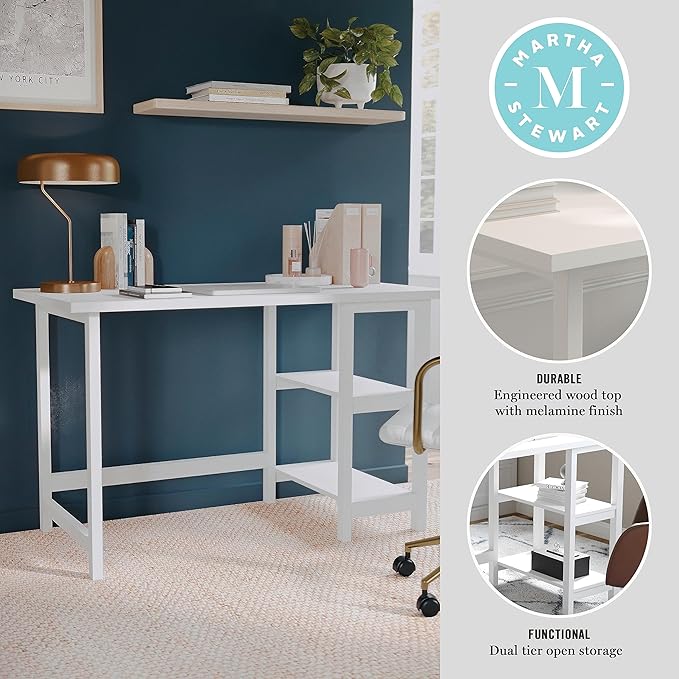 Martha Stewart Beckett Modern Trestle Desk with Open Side Shelving in White Wood Grain Finish - LeafyLoom