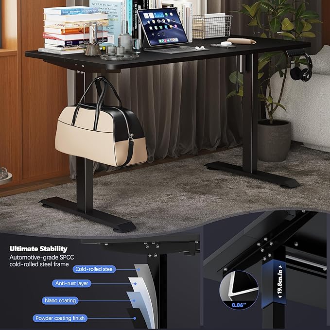 Monomi Electric Height Adjustable Standing Desk, 48x24 Inches, Ergonomic Home Office Sit/Stand Up Desk (Black Steel Frame/Black Top) - LeafyLoom