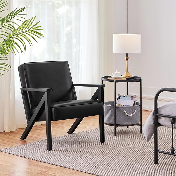 Yaheetech Accent Chair, Armchair with Strong Wood Frame, PU Leather Modern Retro Lounge Chair for Living Room/Lounge/Office/Reception Area, Black - LeafyLoom