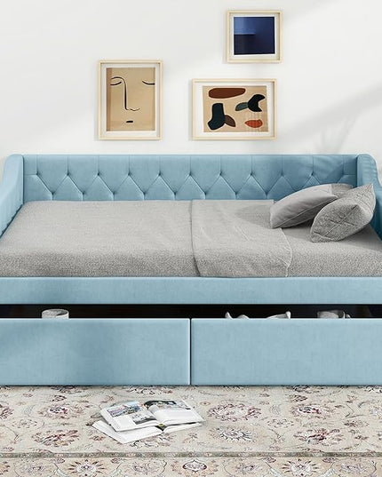 Full Size Velvet Upholstered Tufted Daybed with 2 Drawers,Modern Wood Bed Frame w/Armrests,Slat Support,No Box Spring Needed,Daybeds for Apartment,Bedroom,Guest Room,Blue - LeafyLoom