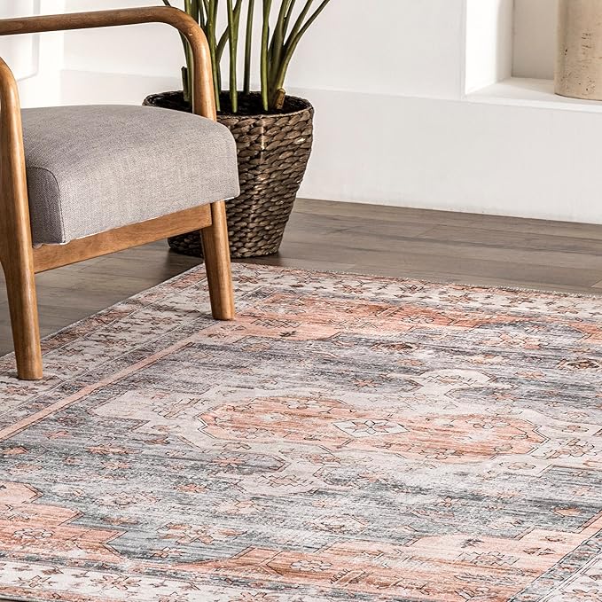 nuLOOM 4x6 Machine Washable Rain Haven Vintage Medallion Area Rug, Light Orange, Traditional Faded Design, Non-Slip Backing, Stain Resistant, For Bedroom, Dining Room, Living Room, Kitchen - LeafyLoom