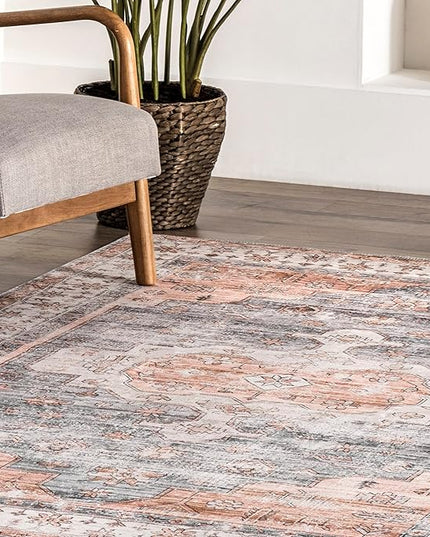 nuLOOM 5x8 Machine Washable Rain Haven Vintage Medallion Area Rug, Light Orange, Traditional Faded Design, Non-Slip Backing, Stain Resistant, For Bedroom, Dining Room, Living Room, Kitchen - LeafyLoom