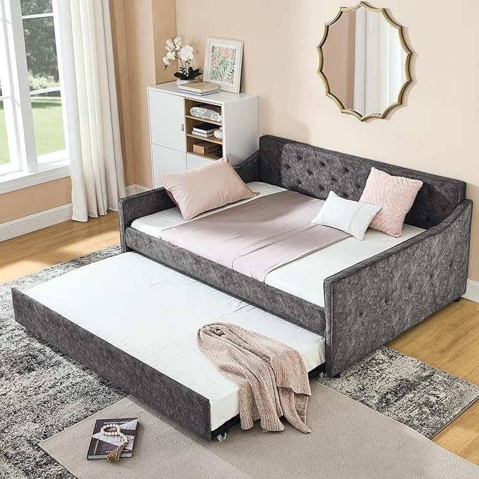 Full Size Daybed with win Size Trundle, Upholstered Tufted Day Bed, with Button Back and Waved Shape Arms, Wood Slat Support, No Spring Box Need, for Bedroom, Livingroom, Grey - LeafyLoom