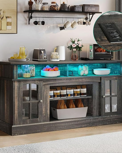 YITAHOME Coffee Bar Cabinet, 58 Inch Farmhouse Buffet Cabinet with Power Outlets and LED Lights, Sideboard Storage Cabinets w/Adjustable Shelves & Glass Doors for Kitchen, Living Room, Dark Rustic Oak - LeafyLoom
