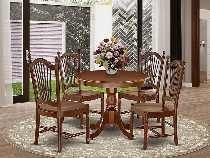 East West Furniture ANDO5-MAH-W Antique 5 Piece Dining Set for 4 Includes a Round Kitchen Table with Pedestal and 4 Dinette Chairs, 36x36 Inch - LeafyLoom