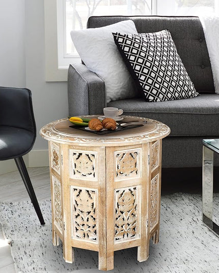 Hand Crafted Solid Wood Accent Table, Side Table, Entryway Table, Wooden End Table, Octagonal Wooden Table - 18 Inch Round Top x 18 Inch High - White - LeafyLoom