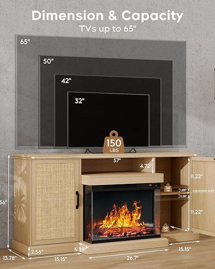 3-Side Glass Fireplace TV Stand for TVs up to 65'', Electric Fireplace TV Stand with Rattan Cabinet, Entertainment Center with Fireplace, Boho, Natural - LeafyLoom