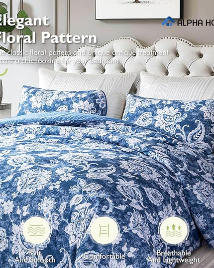 ALPHA HOME Queen Size Comforter Set, All Season Bedding Comforter Set, Comfortable Fluffy Floral Comforter Set with Cotton Fabric (1 Comforter, 2 Pillowcases) - LeafyLoom