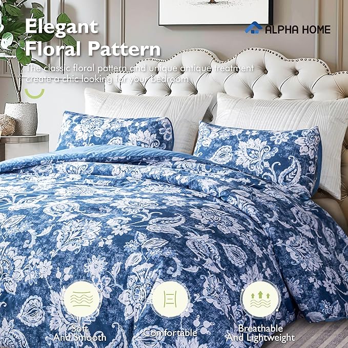 ALPHA HOME Queen Size Comforter Set, All Season Bedding Comforter Set, Comfortable Fluffy Floral Comforter Set with Cotton Fabric (1 Comforter, 2 Pillowcases) - LeafyLoom