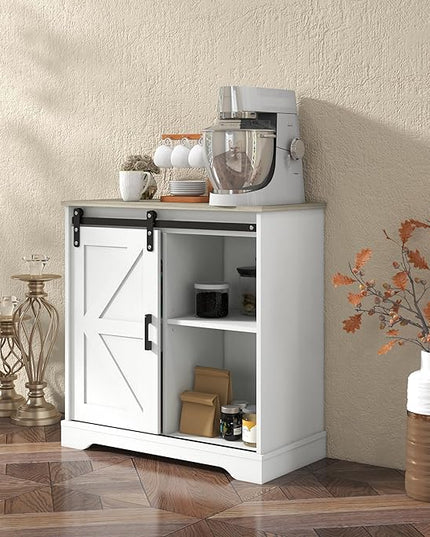 Panana Sliding Barn Door Buffet Sideboard Storage Cabinet Coffee Bar Kitchen Farmhouse Style (White Cabinet Nature Top) - LeafyLoom