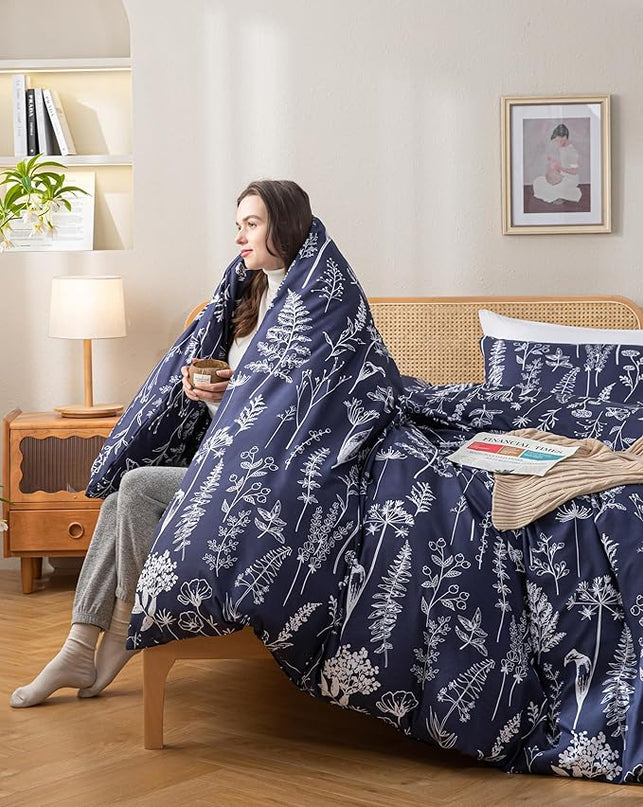 JANZAA King Size Comforter Set Navy Blue Comforter Set Floral Bedding Set Microfiber Comforter Set with 2 Pillow Cases for All Season Cozy and Comfortable 3 Pieces - LeafyLoom