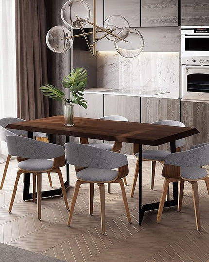SIMPLIHOME Lowell 7 Pc Dining Set with 6 Upholstered Bentwood Dining Chairs in Light Grey Linen Look Fabric and 72 Inch Wide SOLID MANGO WOOD Table, For the Dining Room and Kitchen - LeafyLoom