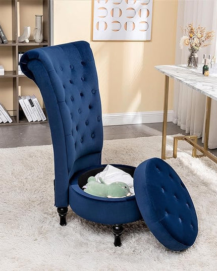Royal High-Back Velvet Accent Chair for Vanity with Storage and Luxurious Upholstery, Retro Design and Versatile Usage for Living Room, Bedroom, Lounge and Office, Dark Blue - LeafyLoom