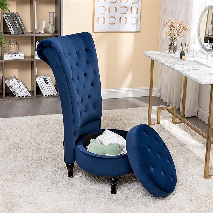 Royal High-Back Velvet Accent Chair for Vanity with Storage and Luxurious Upholstery, Retro Design and Versatile Usage for Living Room, Bedroom, Lounge and Office, Dark Blue - LeafyLoom