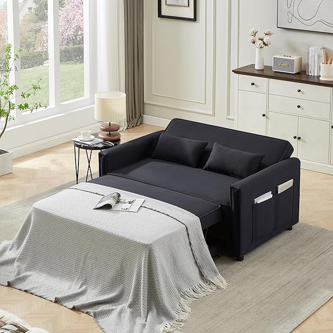 3-in-1 Linen Upholstered Sofabed Tufted Futon Loveseat Sofa Convertible Sleeper Couch Bed with Reclining Backrest and 2 Lumbar Pillows,Modern 2-Seaters Love Seat Daybed for Living Room - LeafyLoom