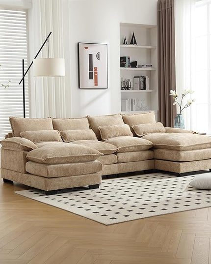 6 Seater Overstuffed Modular Sectional Sofa Cloud Couch with Double Chaise Lounge, U Shaped Chenille Upholstered Leisure Sofa&Couches with Memory Foam and Waist Pillows for Living Room Office - LeafyLoom