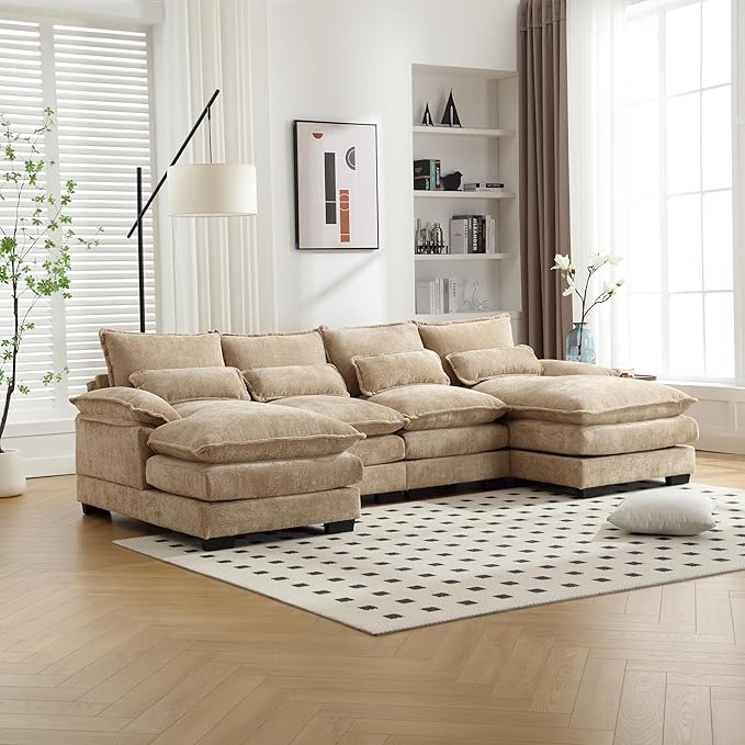 6 Seater Overstuffed Modular Sectional Sofa Cloud Couch with Double Chaise Lounge, U Shaped Chenille Upholstered Leisure Sofa&Couches with Memory Foam and Waist Pillows for Living Room Office - LeafyLoom