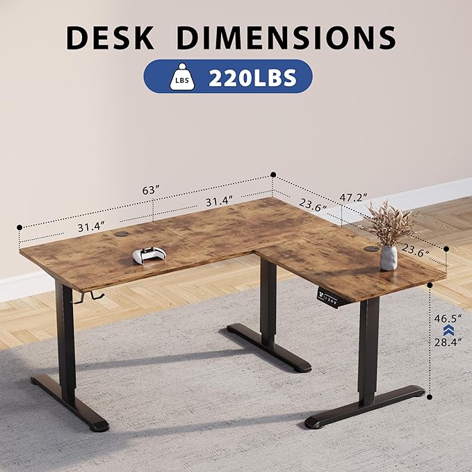 L-Shaped Electric Standing Desk, 63 x 48 Inches Height Adjustable Coner Table, Home Office Computer Workstation, Rustic Brown, 63 x 48 Inch - LeafyLoom