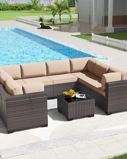 Kullavik 9PCS Outdoor Patio Furniture Set PE Wicker Rattan Sectional Sofa Patio Conversation Sets,Sand - LeafyLoom