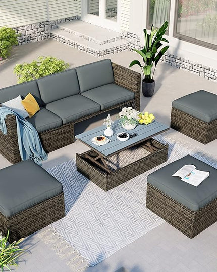 5 Pieces Patio Furniture Sets All Weather Wicker Rattan Sectional Sofa Outdoor Conversation with Adustable Backrest, Cushions, Ottomans and Lift Top Coffee Table for Poolside, Garden, Backyard - LeafyLoom