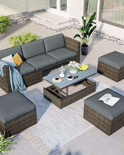 5-Piece Patio Furniture Sets Wicker Outdoor Sofa Couch with Adustable Backrest, Ottomans and Lift Top Coffee Table, Onesize, Gray - LeafyLoom