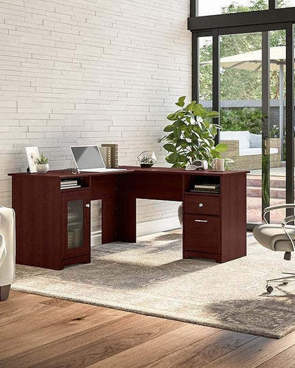 Bush Furniture Cabot L Shaped Computer Desk in Harvest Cherry | Corner Table with Drawers for Home Office - LeafyLoom