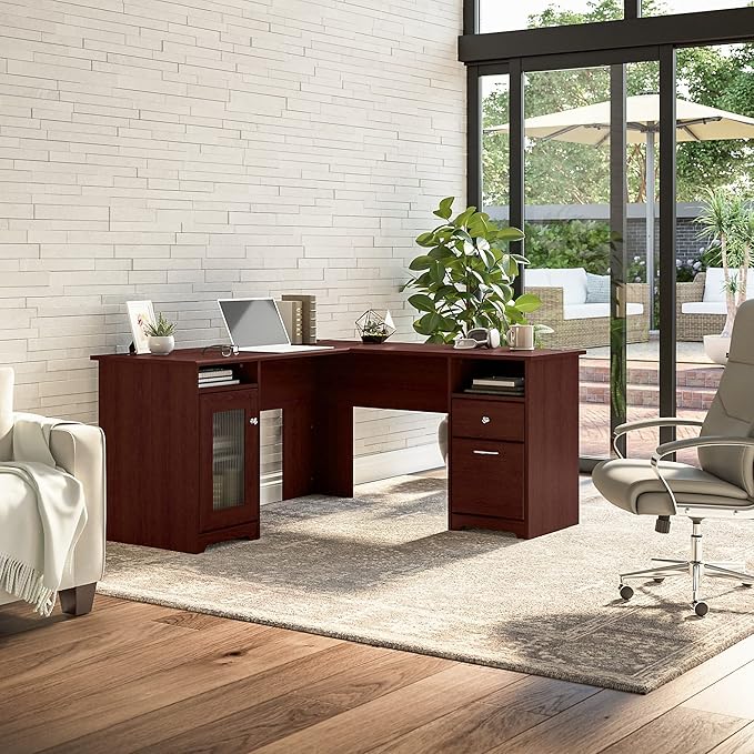 Bush Furniture Cabot L Shaped Computer Desk in Harvest Cherry | Corner Table with Drawers for Home Office - LeafyLoom