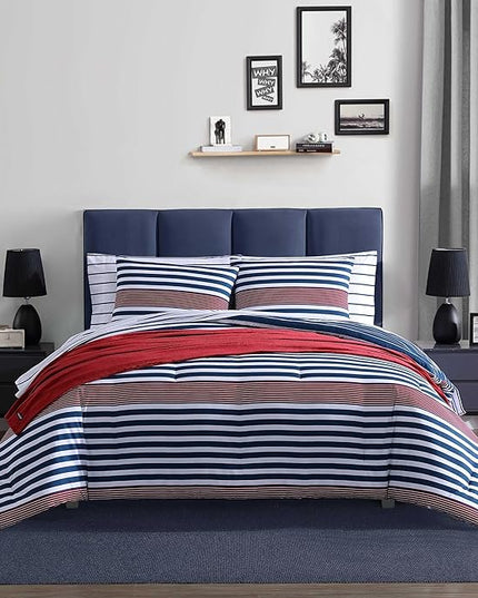 Nautica - Comforter Set, Soft Reversible Bedding with Matching Sham, Striped Home Decor, Dorm Room Essentials (Kennedy Stripe Navy Blue, Twin/Twin XL) - LeafyLoom