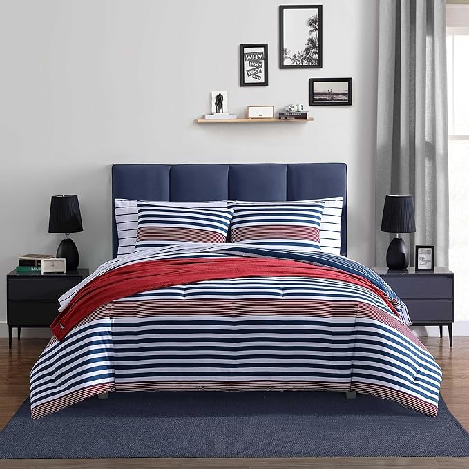 Nautica - Comforter Set, Soft Reversible Bedding with Matching Shams, Striped Home Decor (Kennedy Stripe Navy Blue, Full/Queen) - LeafyLoom